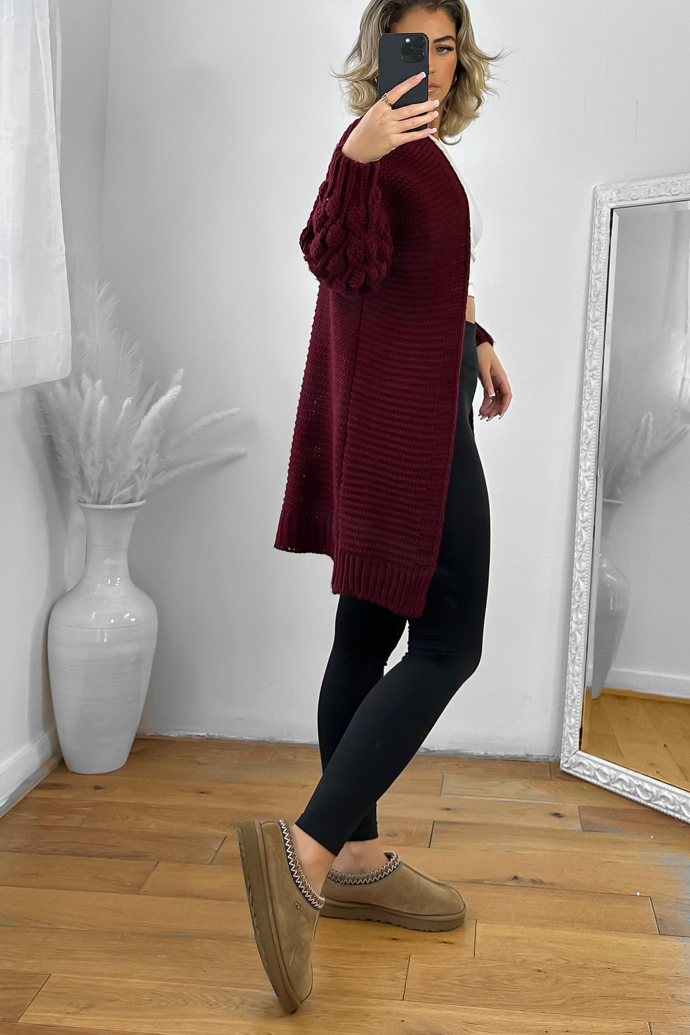Bubble Knit Sleeves Open Midi Cardigan-SinglePrice