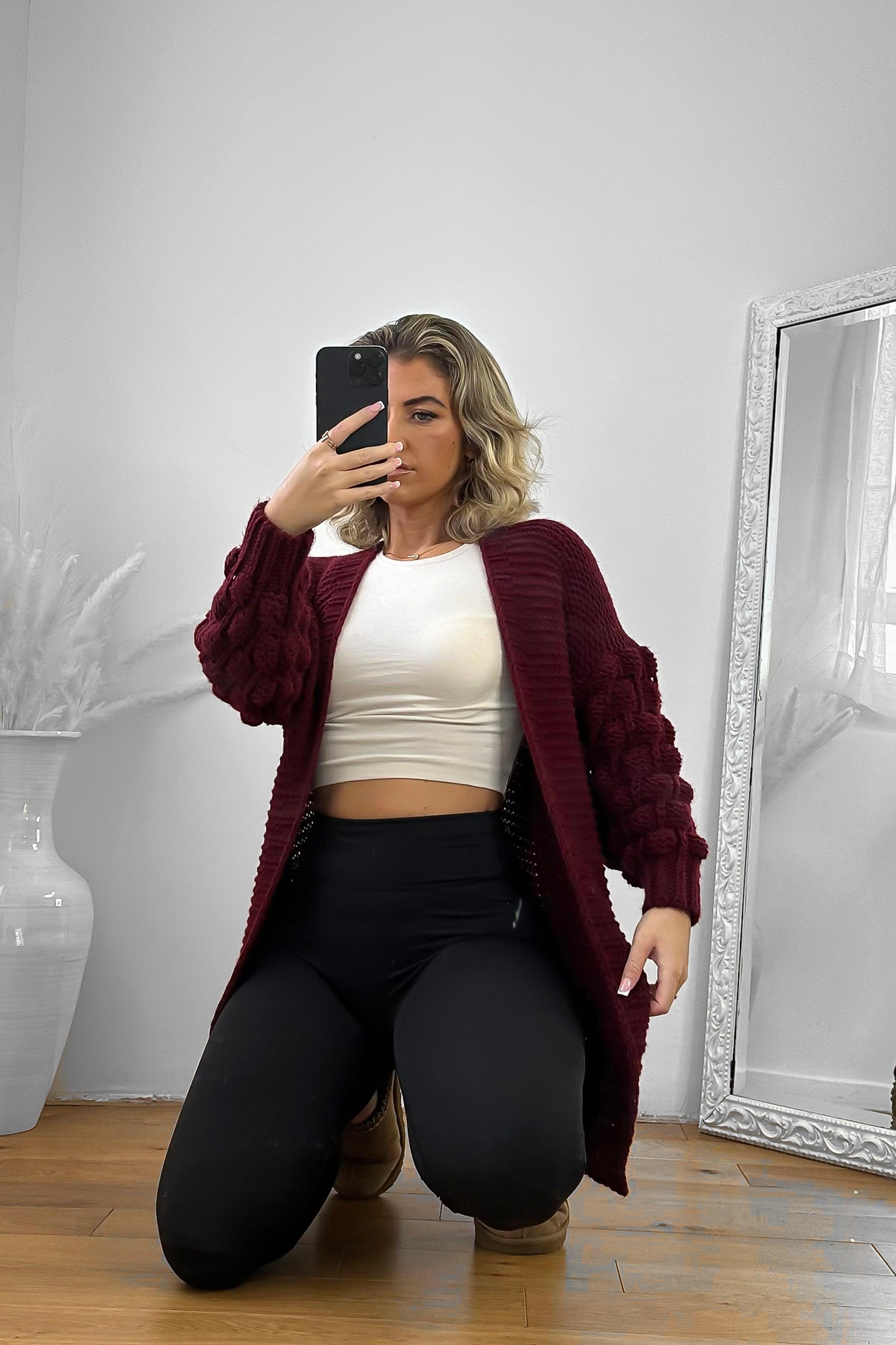 Bubble Knit Sleeves Open Midi Cardigan-SinglePrice
