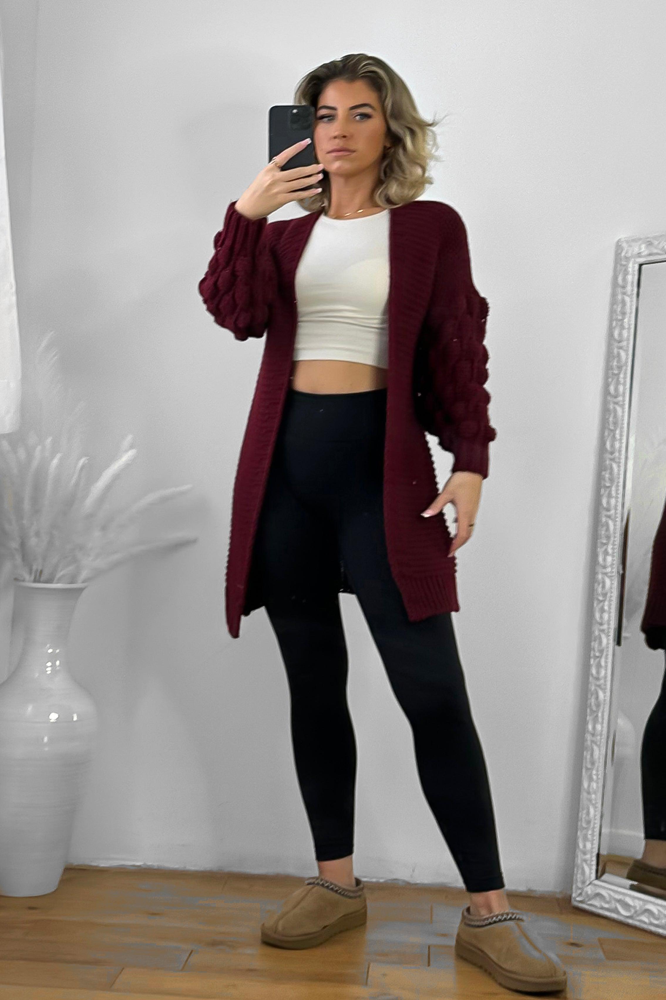 Bubble Knit Sleeves Open Midi Cardigan-SinglePrice