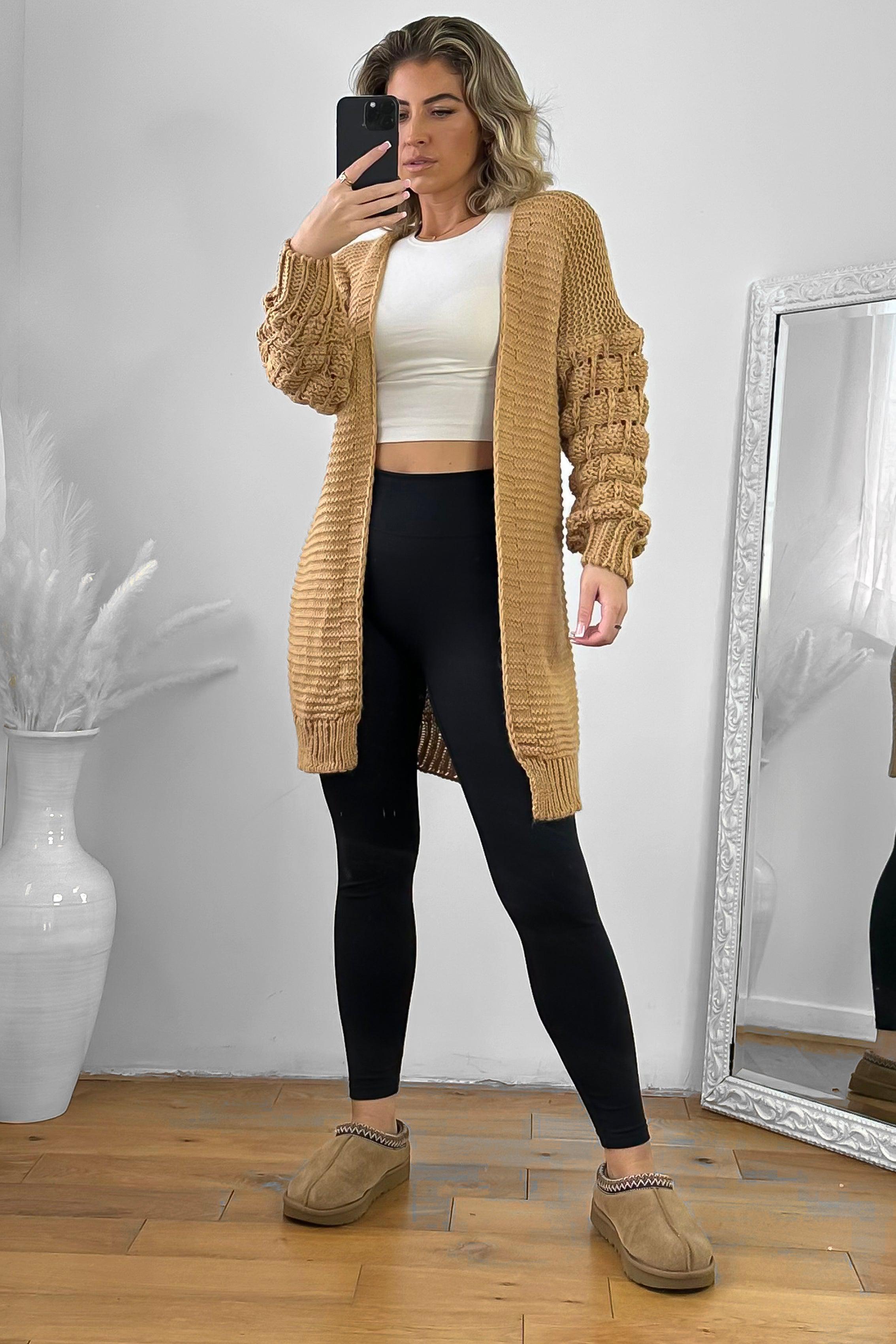 Bubble Knit Sleeves Open Midi Cardigan-SinglePrice