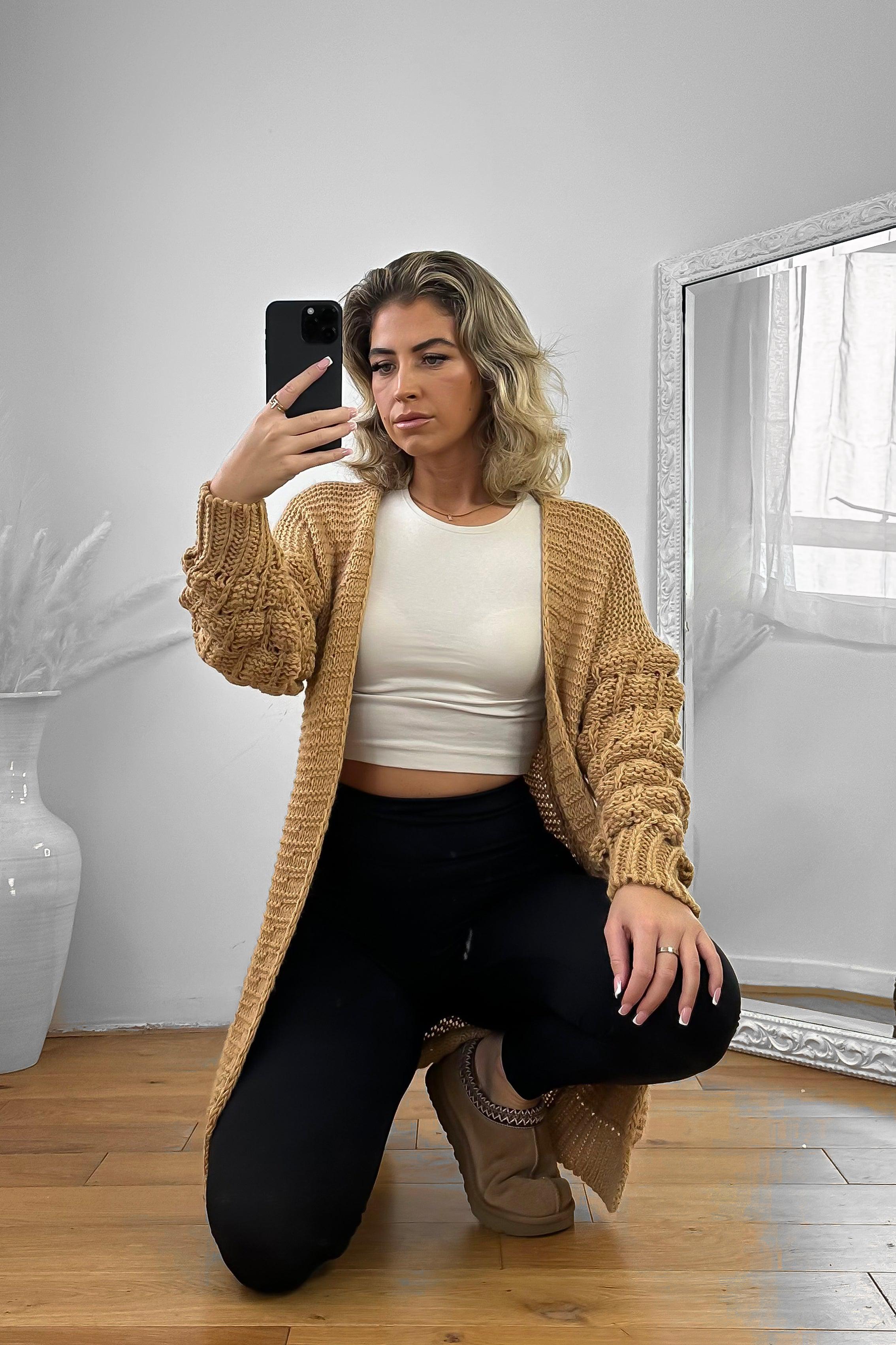 Bubble Knit Sleeves Open Midi Cardigan-SinglePrice