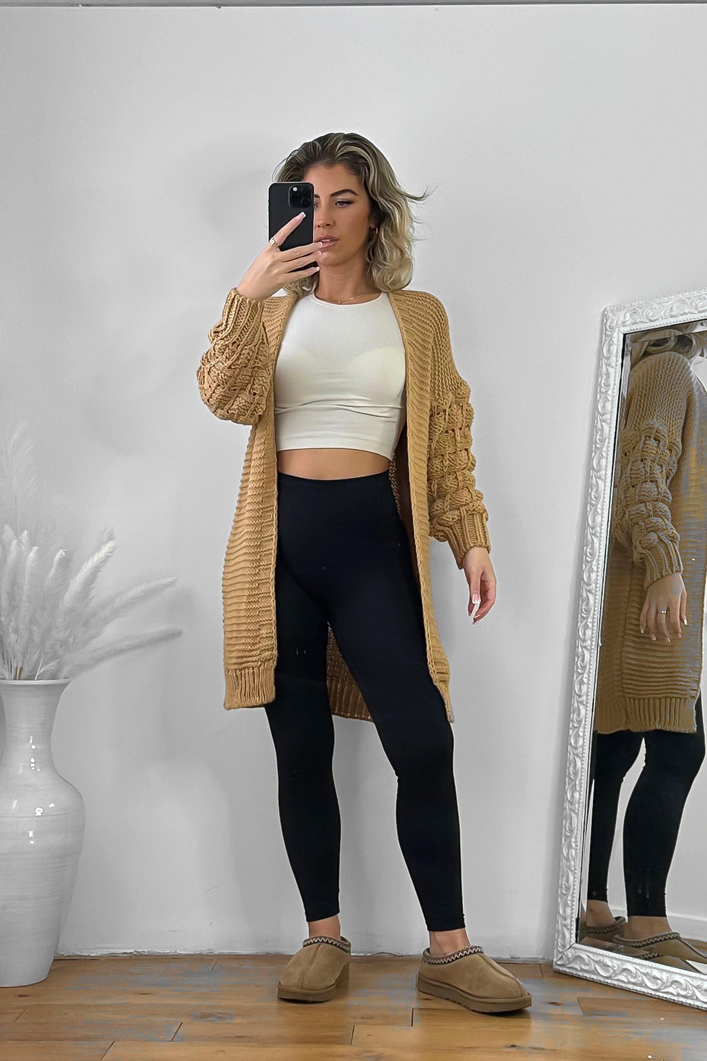 Bubble Knit Sleeves Open Midi Cardigan-SinglePrice