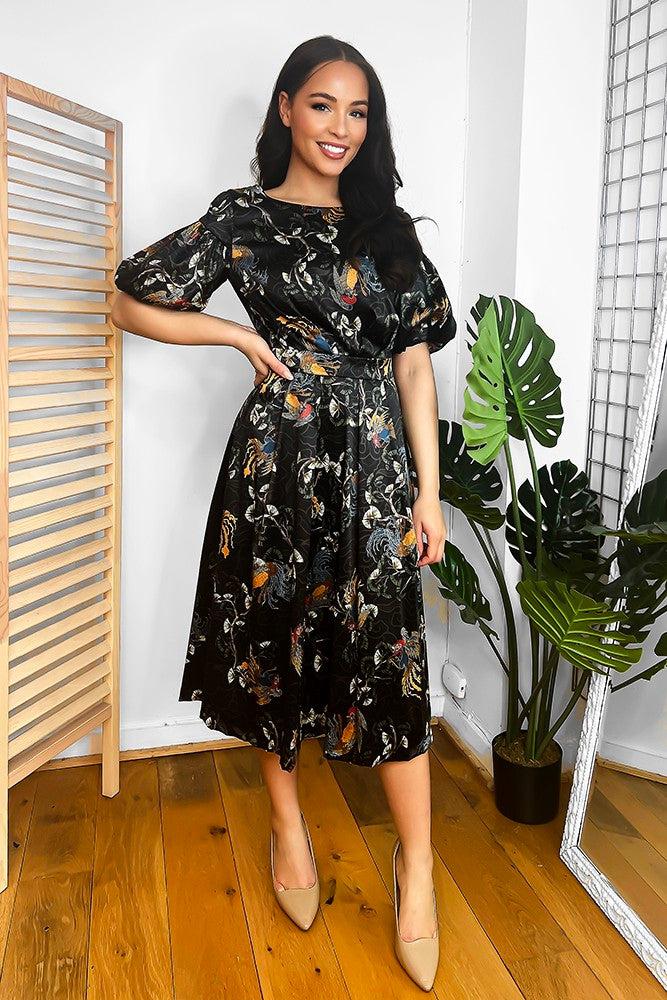Black Oriental Jaquard Print Midi Dress-SinglePrice