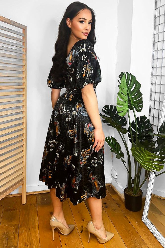 Black Oriental Jaquard Print Midi Dress-SinglePrice