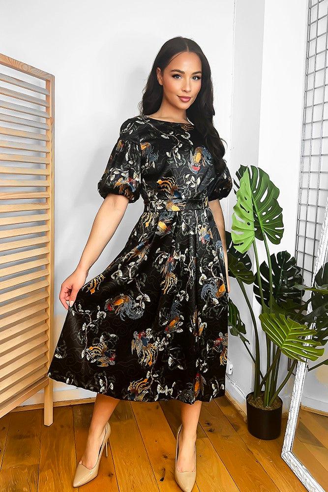 Black Oriental Jaquard Print Midi Dress-SinglePrice