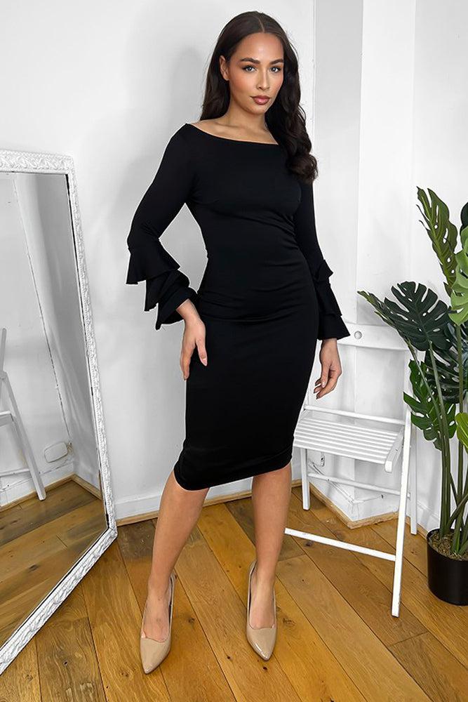 Black Triple Frill Sleeves Bodycon Dress-SinglePrice