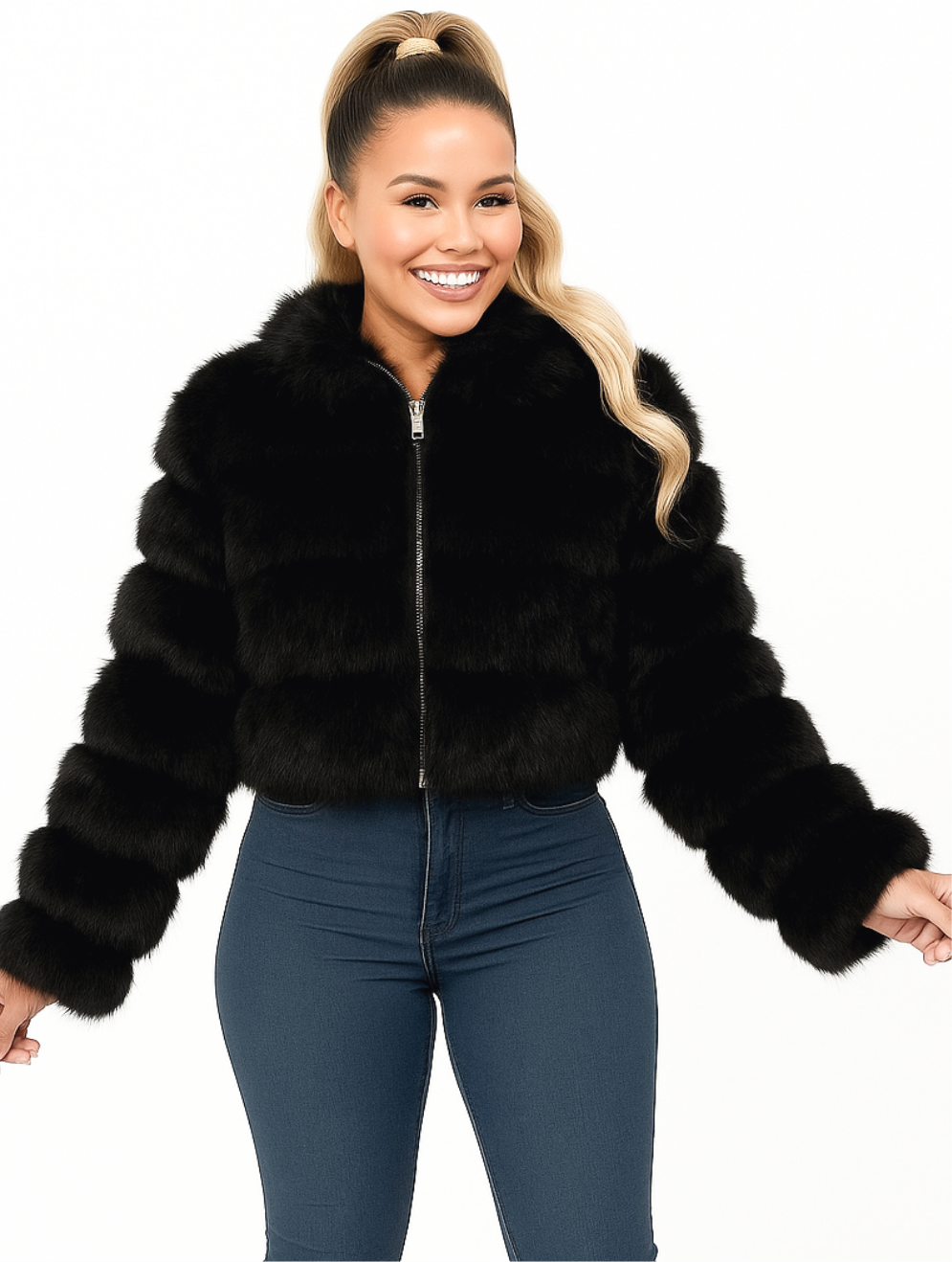 Faux Fur and Vegan Leather Stripes Hooded Cropped Jacket