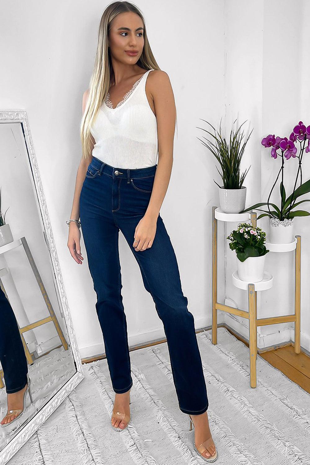 Dark Blue Yellow Stitch Straight Leg Jeans