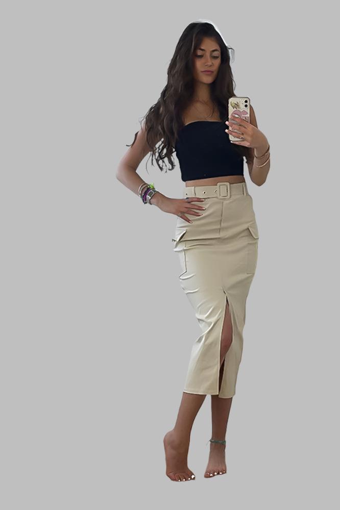 Front Split Midi Belted Cargo Skirt-SinglePrice