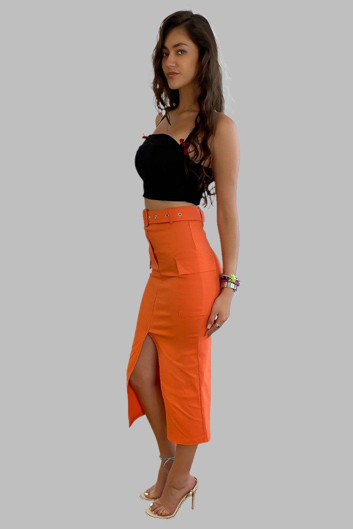 Front Split Midi Belted Cargo Skirt-SinglePrice