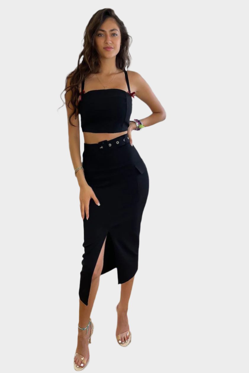 Front Split Midi Belted Cargo Skirt-SinglePrice