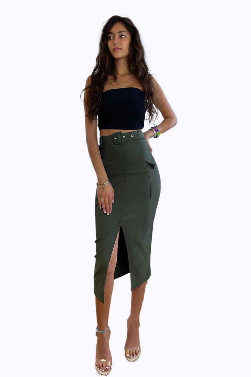 Front Split Midi Belted Cargo Skirt-SinglePrice
