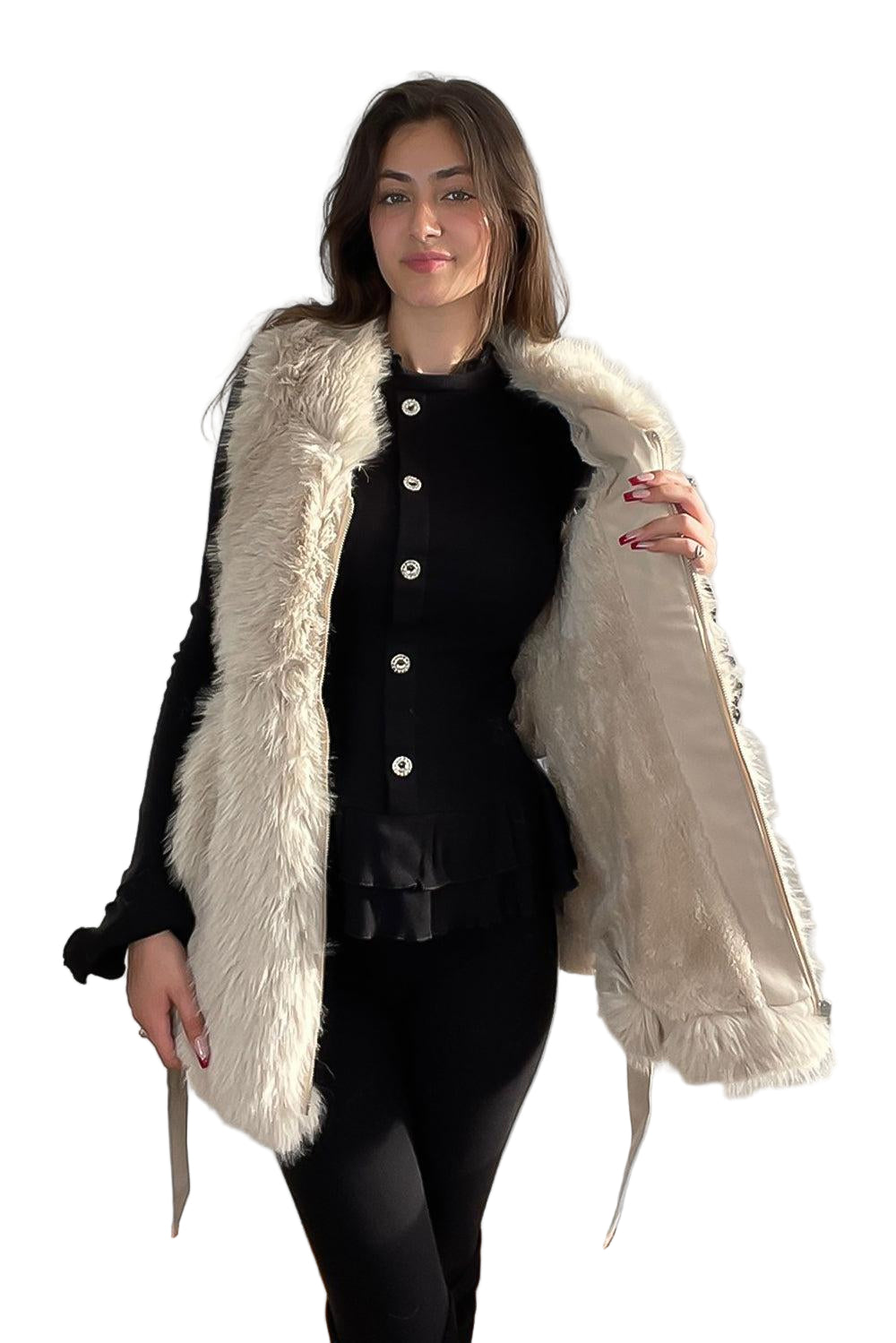 Faux Fur Gilet Belted Style Sleeveless Jacket-SinglePrice