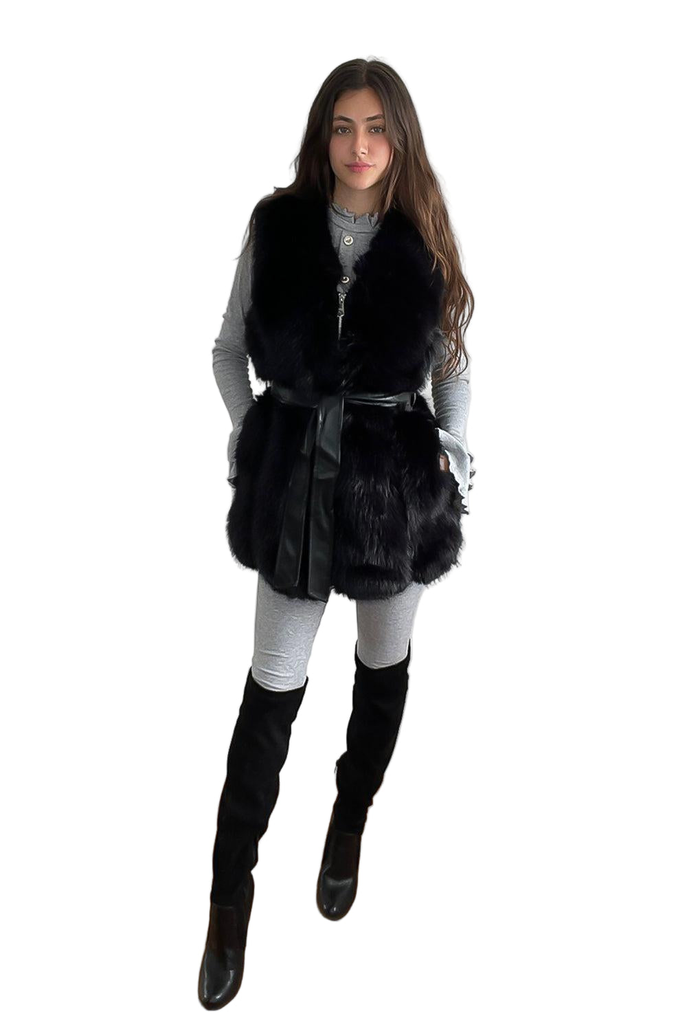 Faux Fur Gilet Belted Style Sleeveless Jacket-SinglePrice