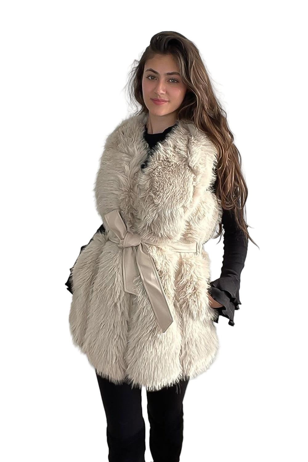 Faux Fur Gilet Belted Style Sleeveless Jacket-SinglePrice