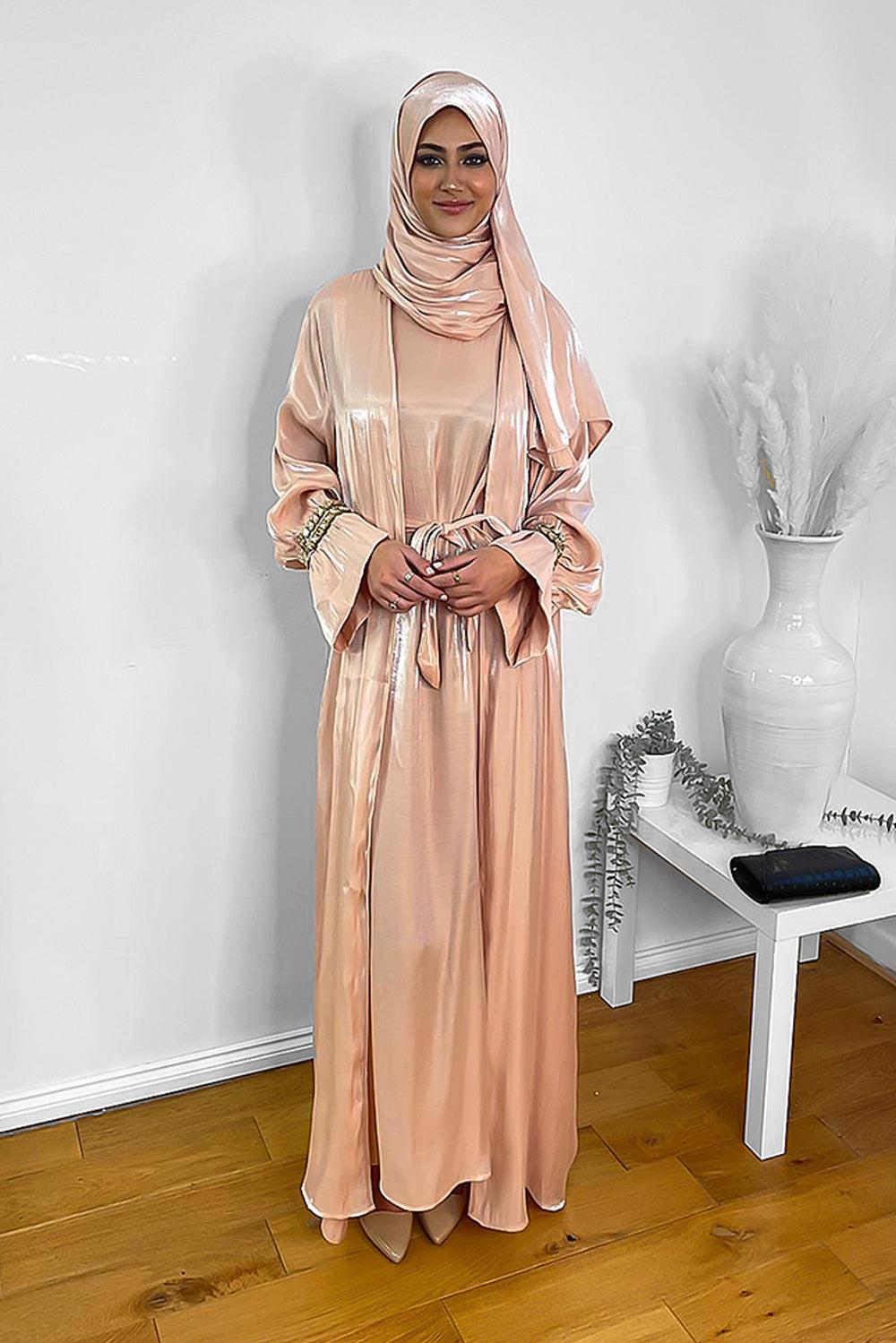 Embellished Sleeves Shimmer Organza Modest Dress And Hijab Scarf Set-SinglePrice