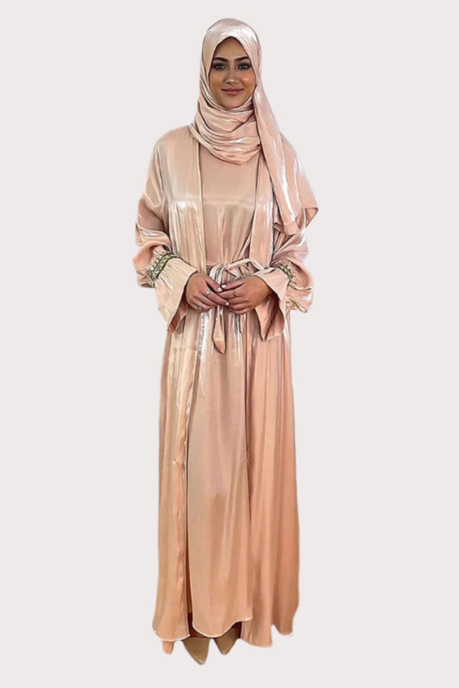 Embellished Sleeves Shimmer Organza Modest Dress And Hijab Scarf Set-SinglePrice