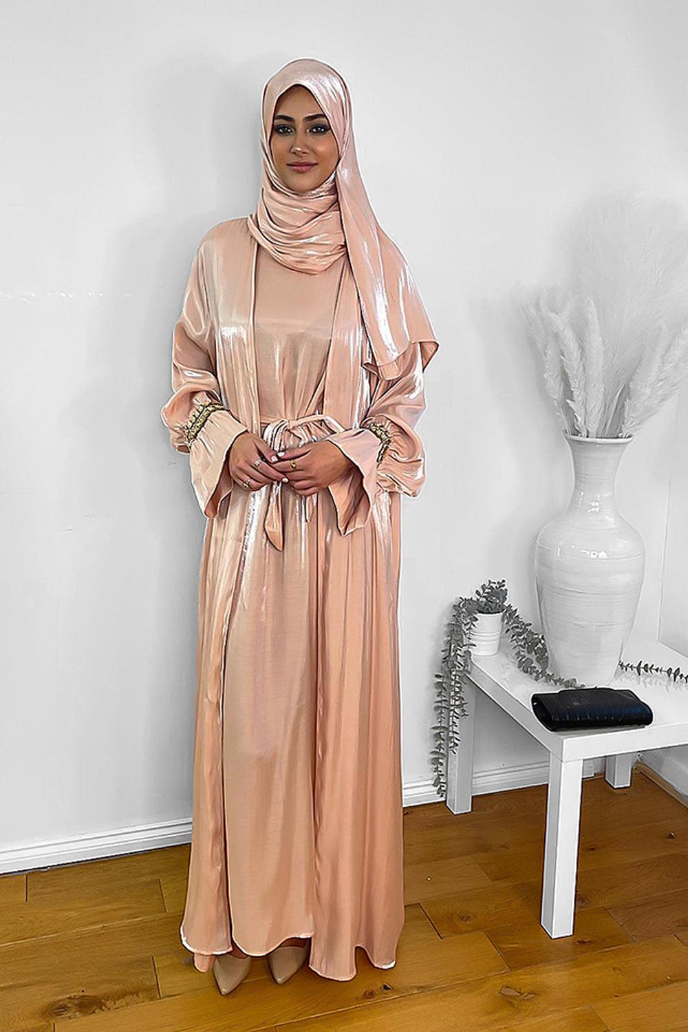 Embellished Sleeves Shimmer Organza Modest Dress And Hijab Scarf Set-SinglePrice