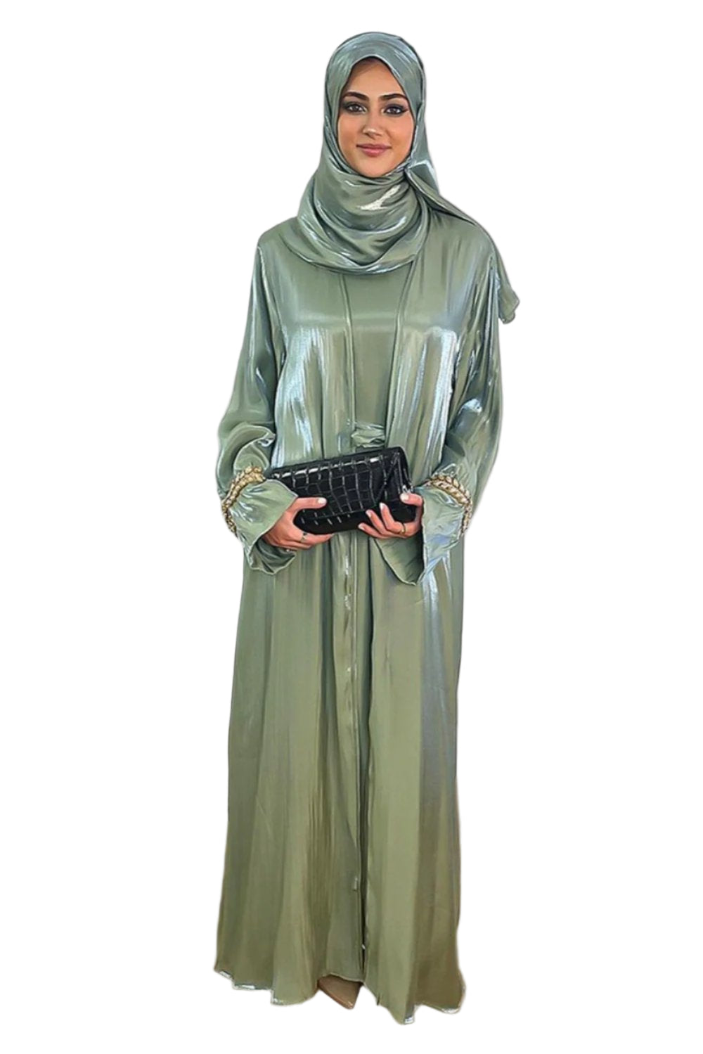 Embellished Sleeves Shimmer Organza Modest Dress And Hijab Scarf Set-SinglePrice