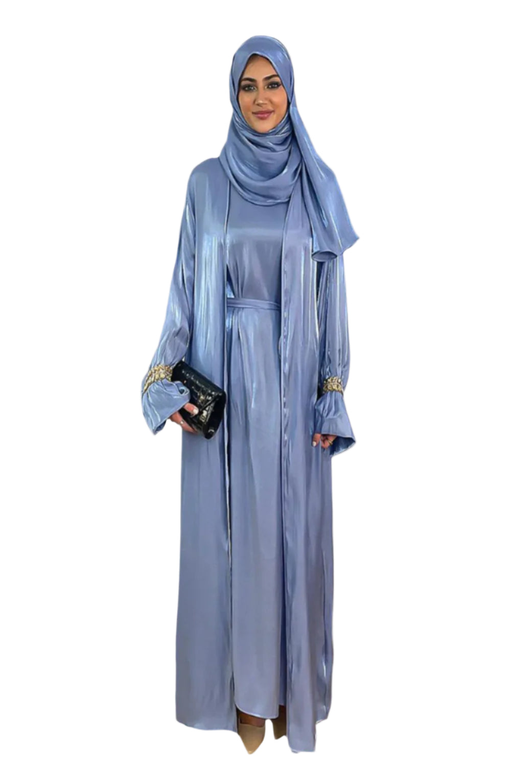 Embellished Sleeves Shimmer Organza Modest Dress And Hijab Scarf Set-SinglePrice