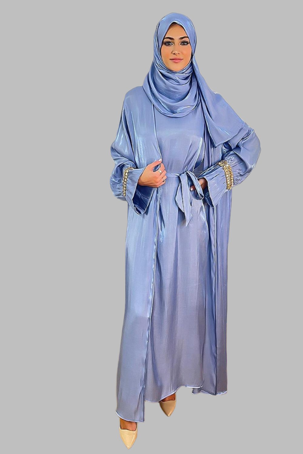 Embellished Sleeves Shimmer Organza Modest Dress And Hijab Scarf Set-SinglePrice