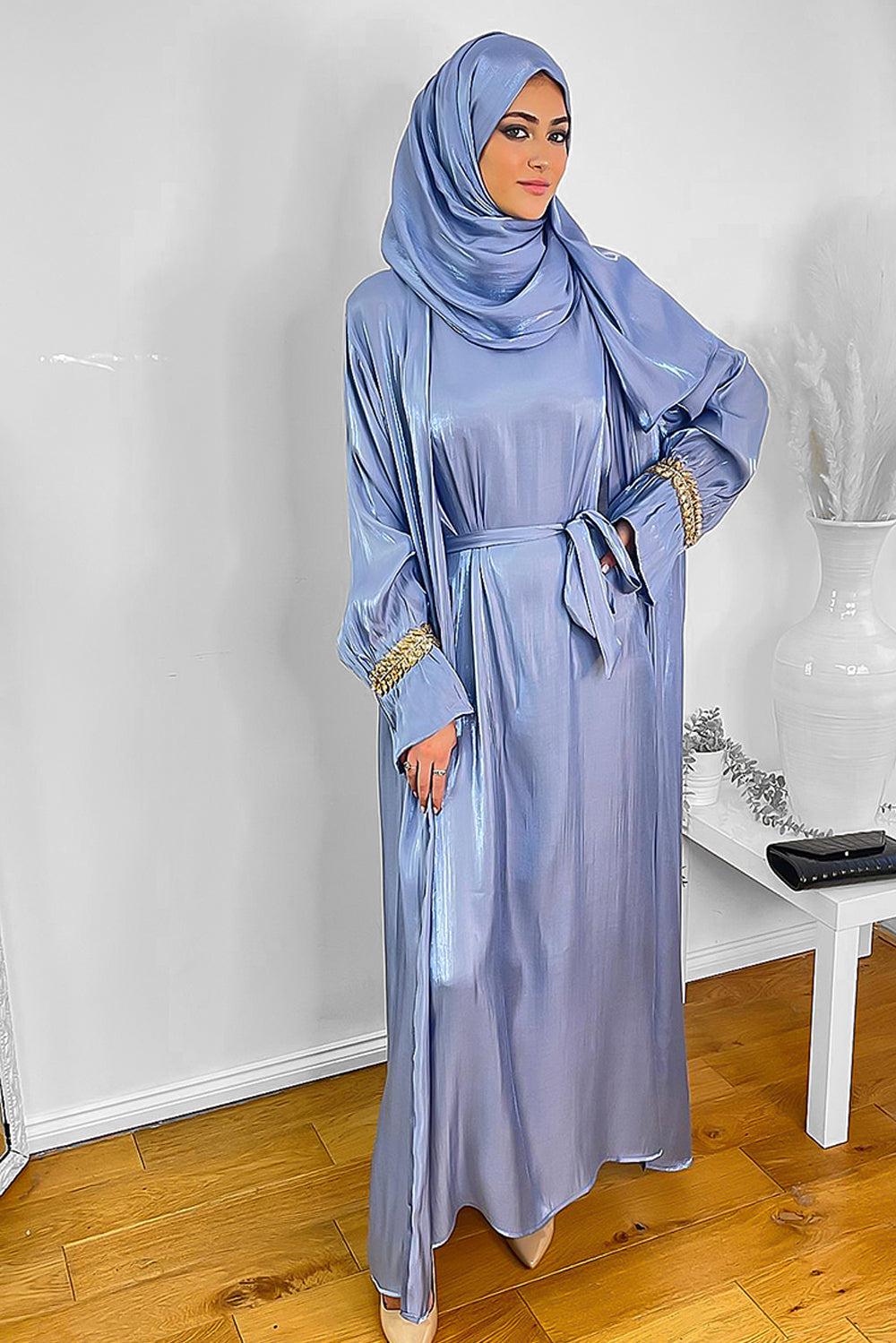 Embellished Sleeves Shimmer Organza Modest Dress And Hijab Scarf Set-SinglePrice