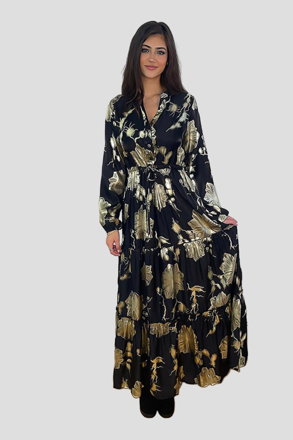 Shimmer Floral Print Tiered Modest Dress-SinglePrice