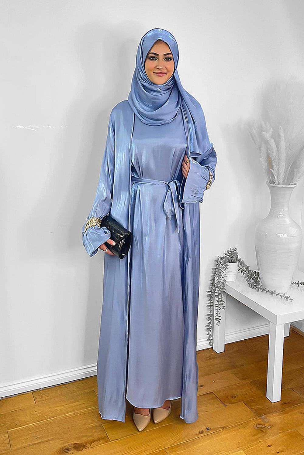 Embellished Sleeves Shimmer Organza Modest Dress And Hijab Scarf Set-SinglePrice