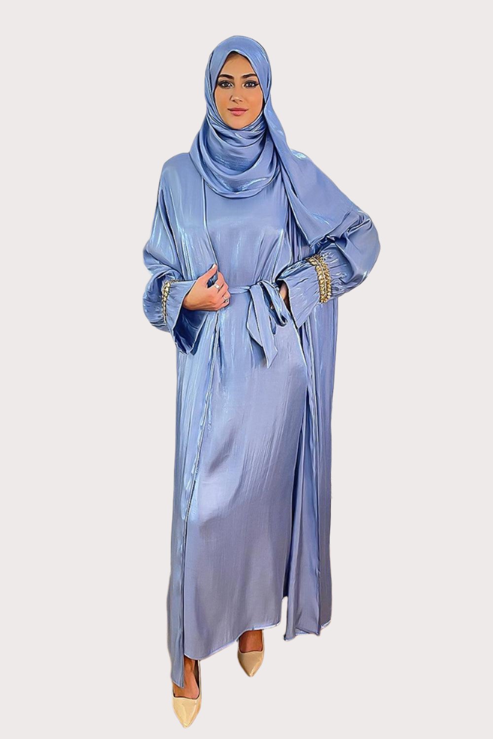 Embellished Sleeves Shimmer Organza Modest Dress And Hijab Scarf Set-SinglePrice