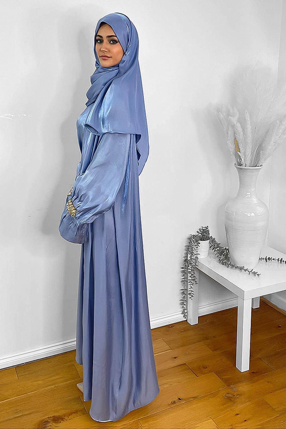 Embellished Sleeves Shimmer Organza Modest Dress And Hijab Scarf Set-SinglePrice