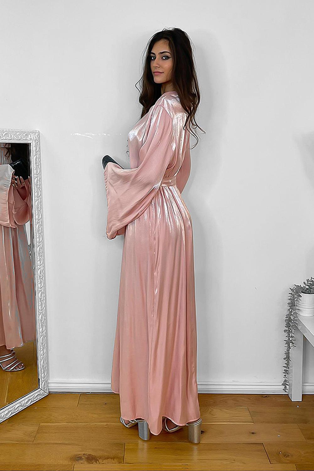 High Neck Wide Sleeves Pleated Satin Modest Dress-SinglePrice