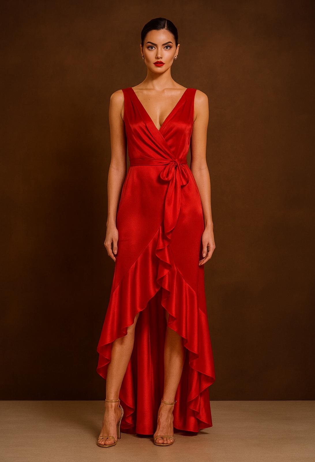 Sleeveless Wrap Style Satin High Low Dress