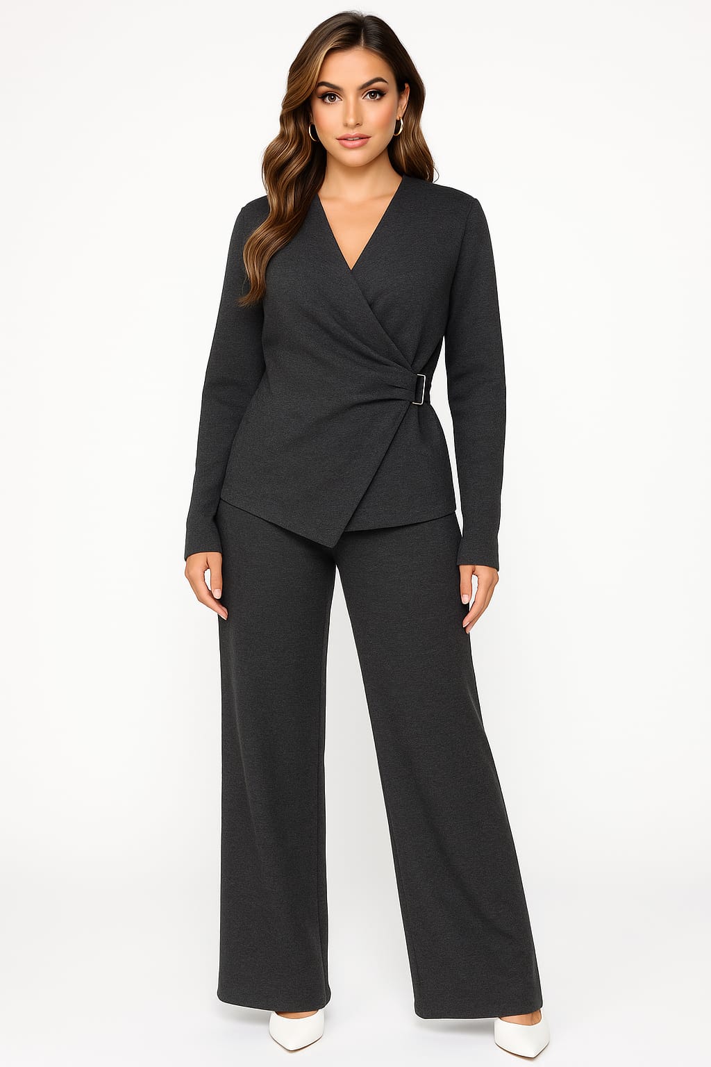 Wholesale Women's Deep V-Neck Gathered Side Embellished Long Sleeve Top And Wide Leg Lounge Set (PACK OF 2)