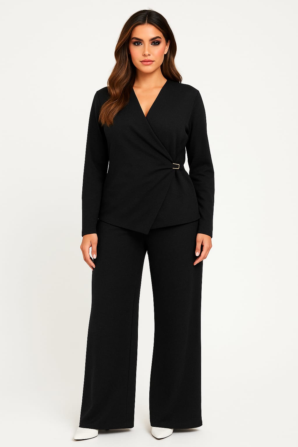 Wholesale Women's Deep V-Neck Gathered Side Embellished Long Sleeve Top And Wide Leg Lounge Set (PACK OF 2)