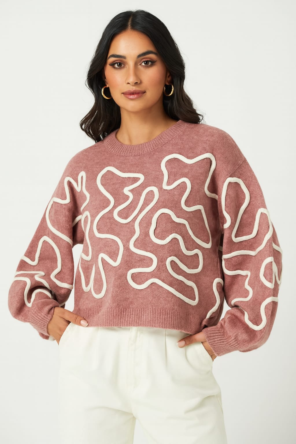 Wholesale Women's Abstract Applique Boxy Cut Knitted Sweater (PACK OF 4)