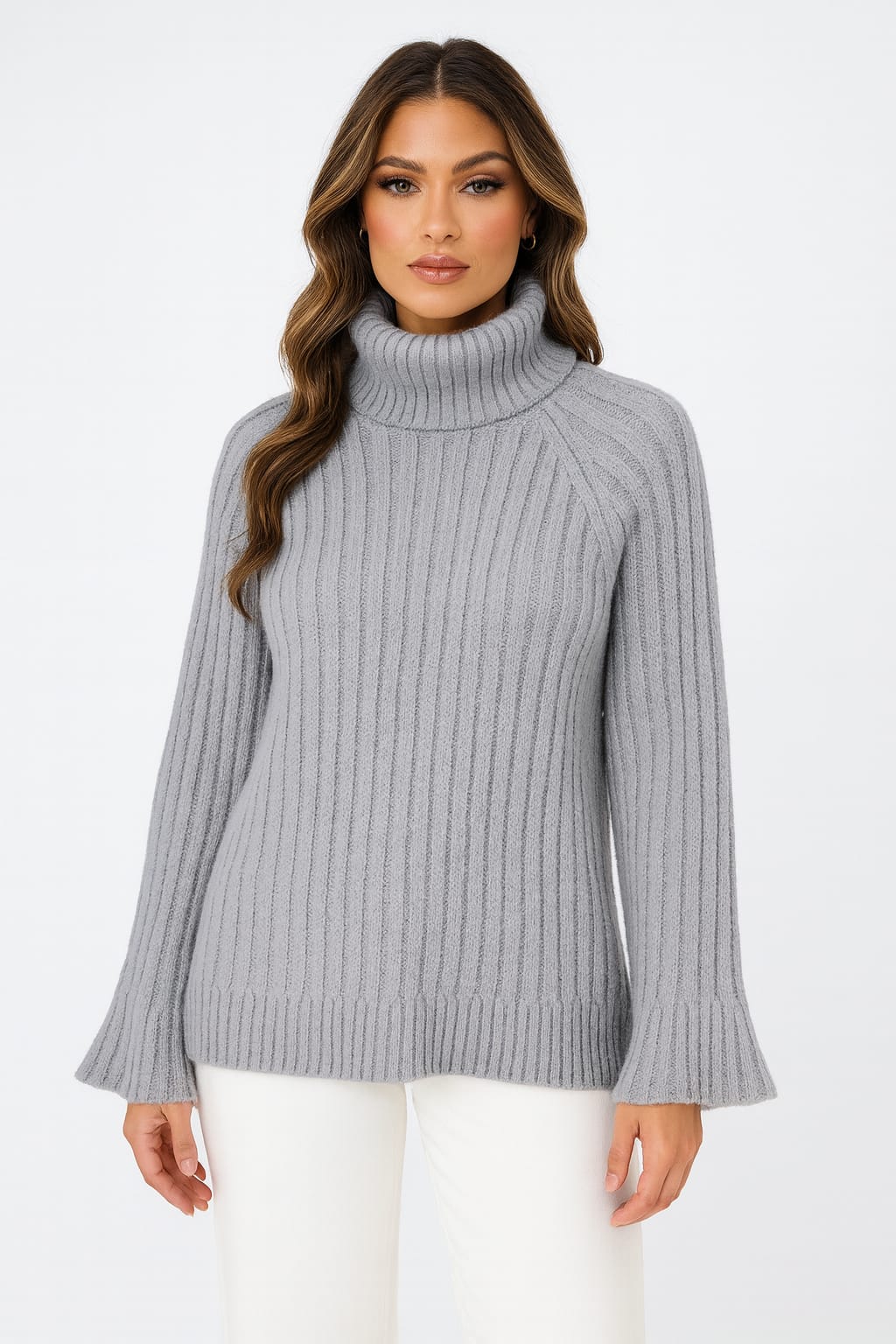 Side Slit Ribbed Knit Thick Turtleneck Pullover