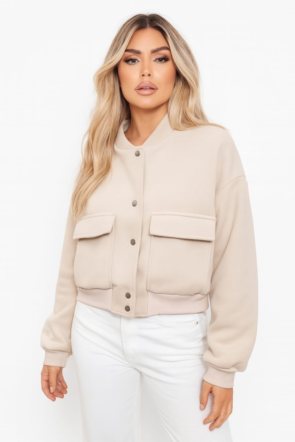 Herringbone Textured Fabric Cargo Pocket Bomber Jacket