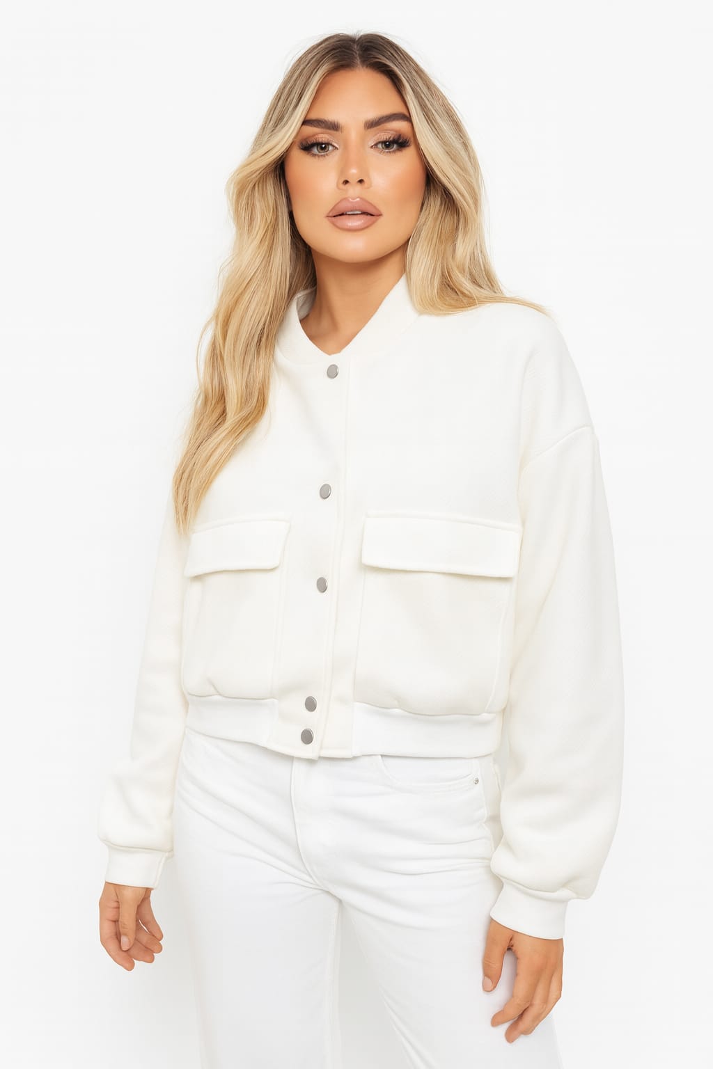 Herringbone Textured Fabric Cargo Pocket Bomber Jacket