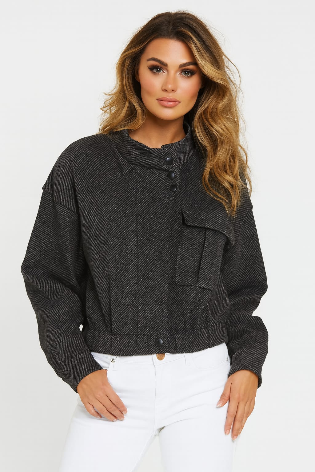 Herringbone Textured Fabric Snap Button Military Style Jacket