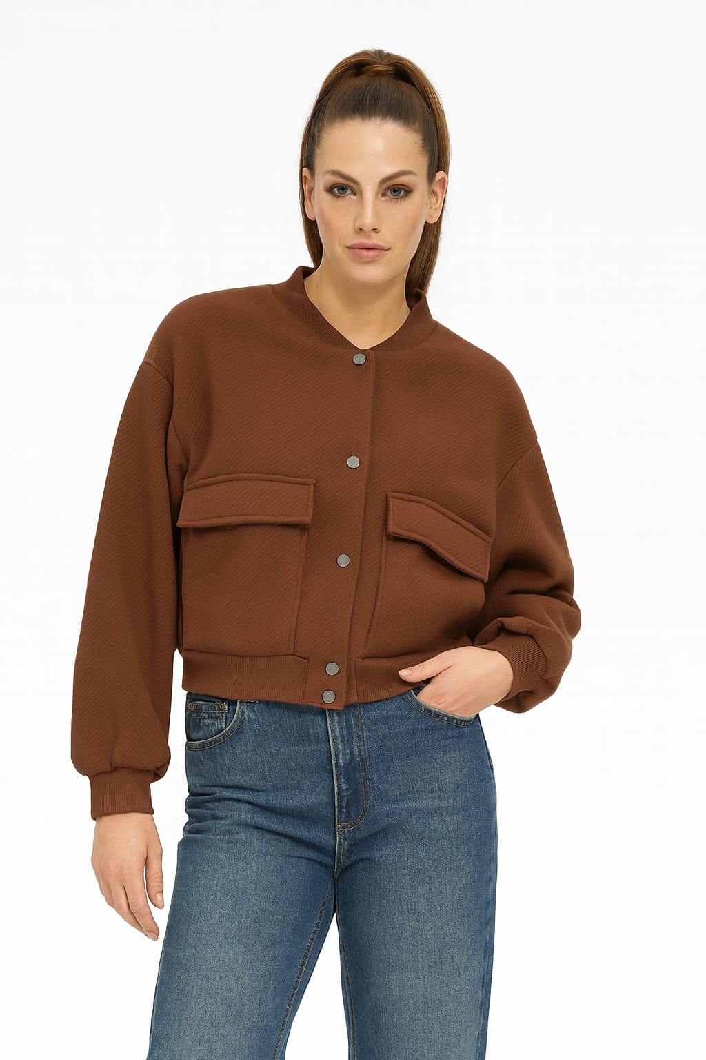 Herringbone Textured Fabric Cargo Pocket Bomber Jacket