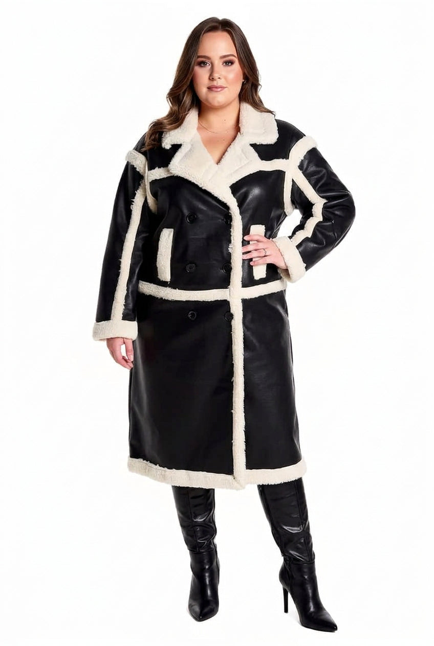 Leather Look Shearling Style Lining Mid Calf Length Coat