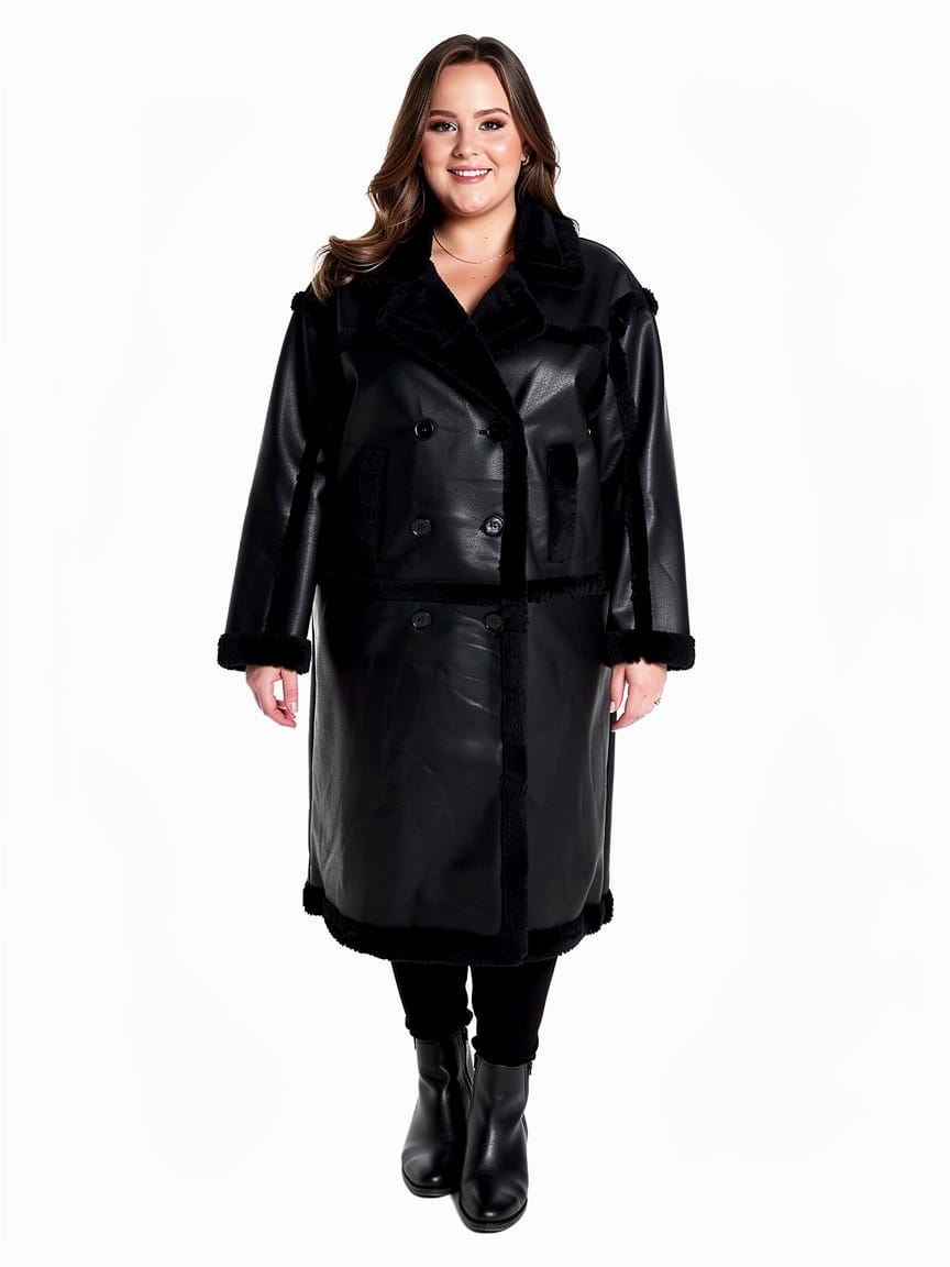Leather Look Shearling Style Lining Mid Calf Length Coat
