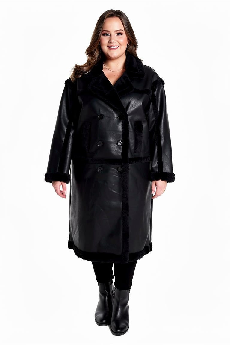 Leather Look Shearling Style Lining Mid Calf Length Coat