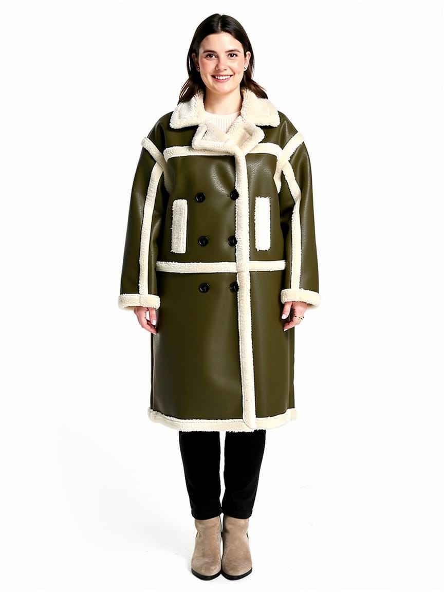 Leather Look Shearling Style Lining Mid Calf Length Coat