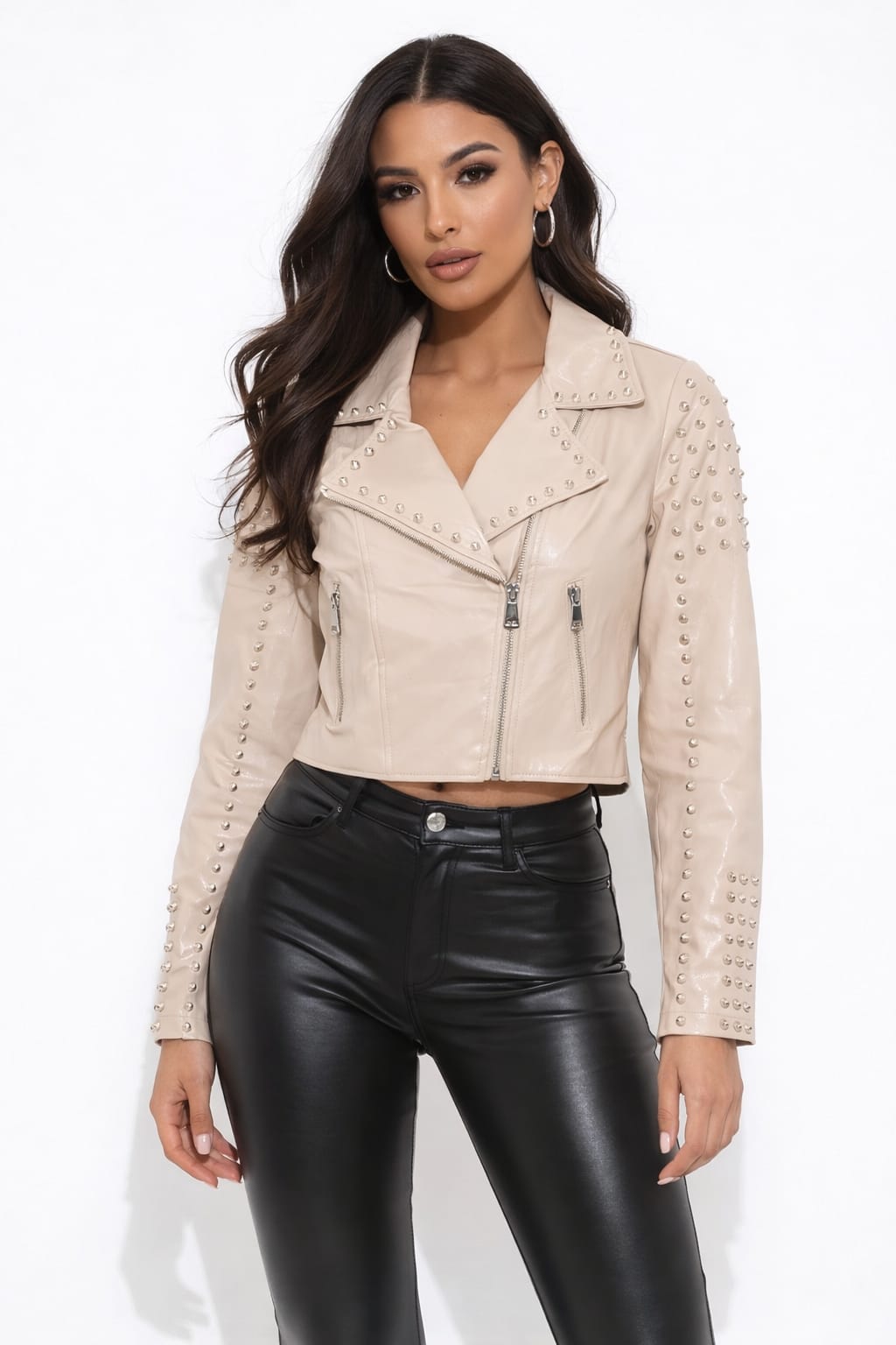Patent Effect Stud Embellishment Pu Biker Jacket