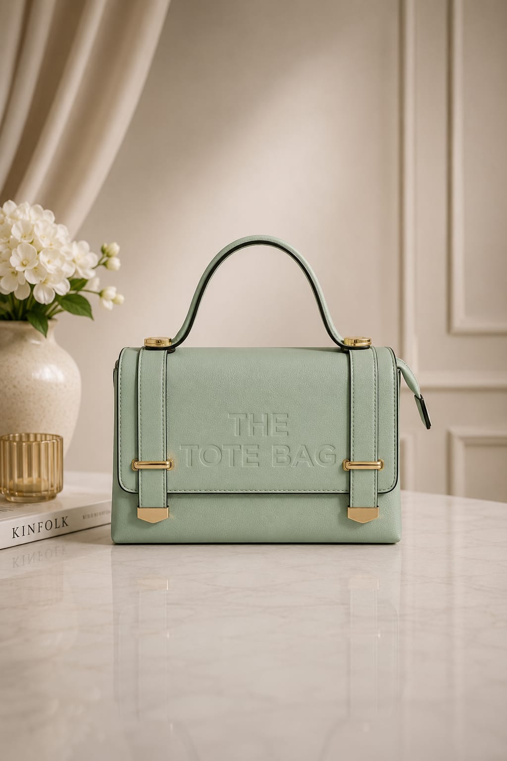 Vegan Leather Embossed Flap Hard Shell Medium Size Tote Bag