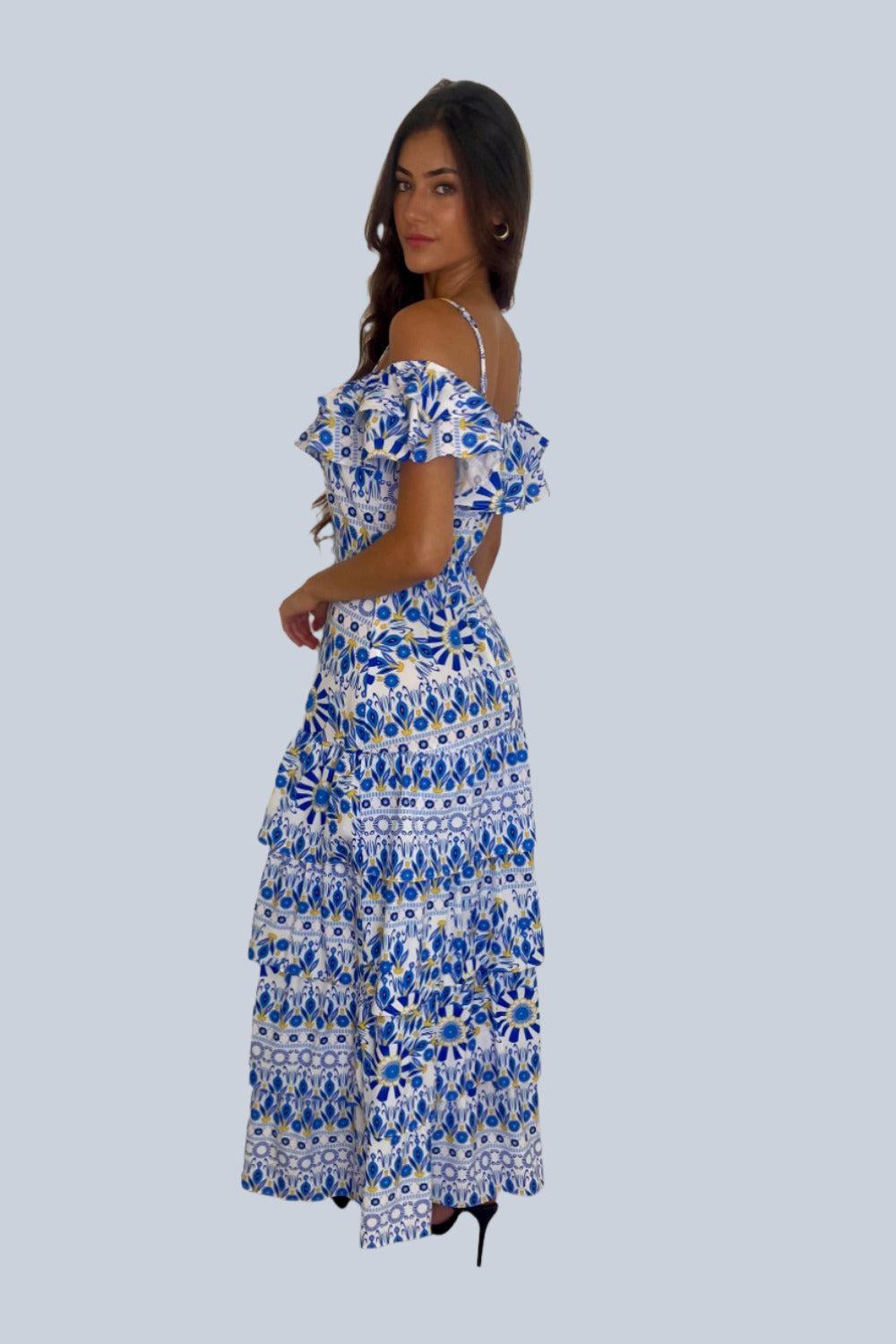 Side Slit Frill Off Shoulder Vibrant Print Spanish Maxi Dress-SinglePrice