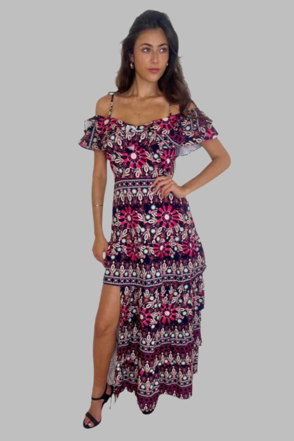 Side Slit Frill Off Shoulder Vibrant Print Spanish Maxi Dress-SinglePrice