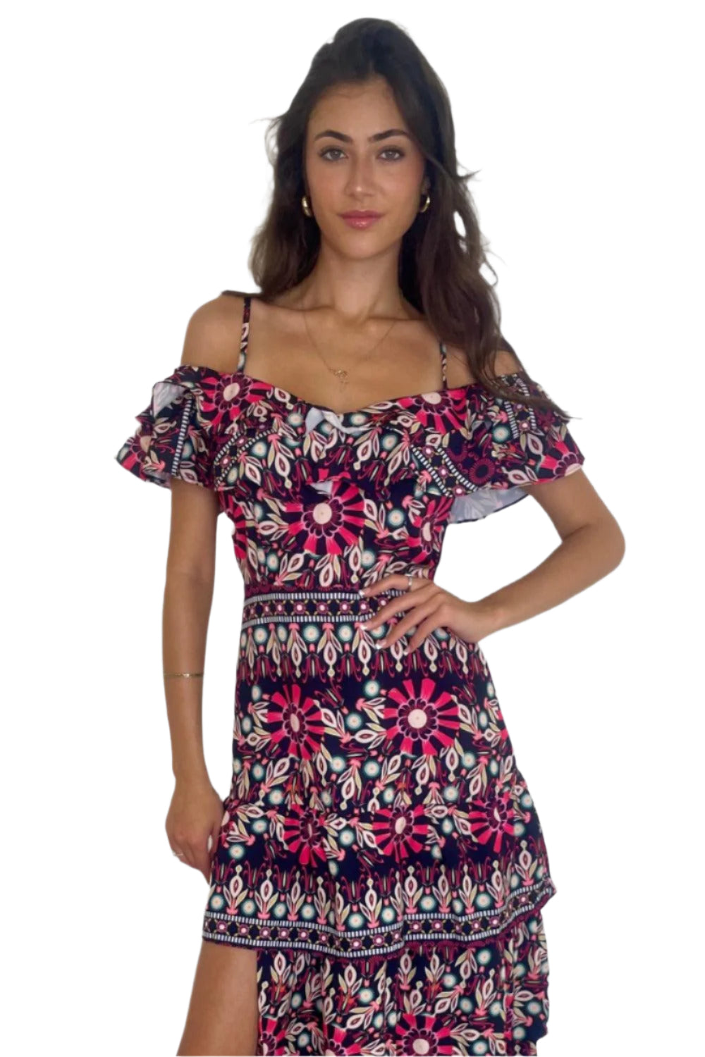 Side Slit Frill Off Shoulder Vibrant Print Spanish Maxi Dress-SinglePrice