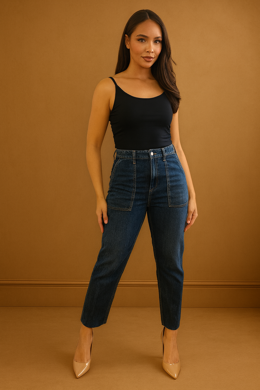 High Waisted Square Seam Details Jeans